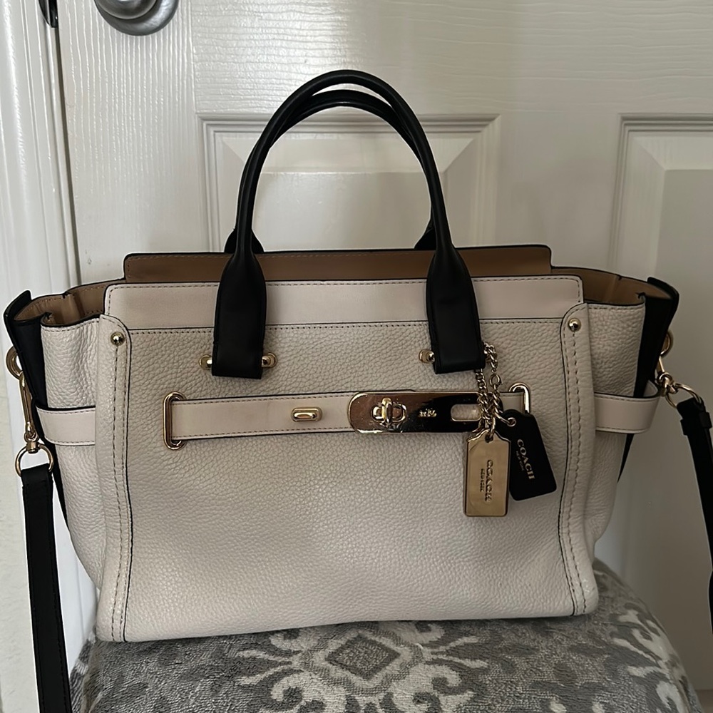 NWOT Coach cream with black Leather carryall